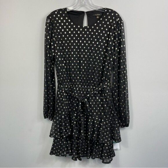 NWT City Studio Black & Metallic Gold Polka Dots Ruffled Fit & Flare Dress Black - Picture 6 of 16